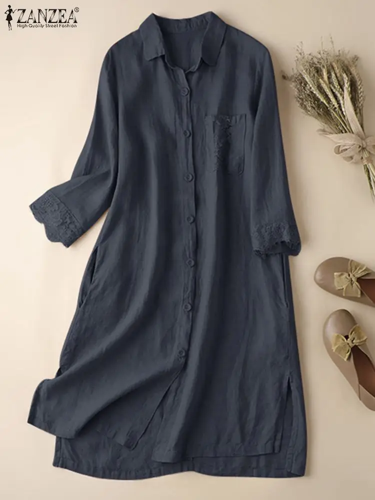 

ZANZEA Autumn Lace Patchwork Shirt Dress Women Elegant Lapel Neck Long Sleeve Solid Sundress Robe Femme Casual Buttons Vestidos