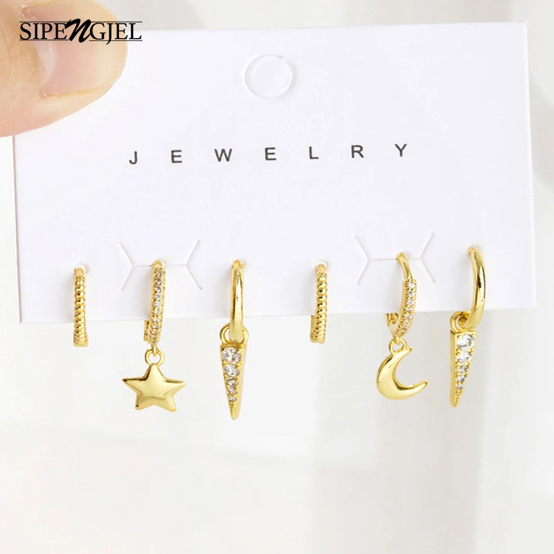

SIPENGJEL 6 Pcs Fashion Cubic Zircon Personality Star Moon Hoop Earrings Set Silver Color Dangle Drop Earrings For Women Jewelry