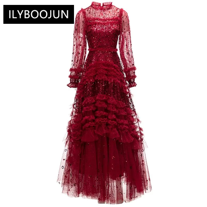 

Осеннее Сетчатое длинное платье с круглым вырезом и рукавами-фонариками, роскошные вышитые блестками женские платья макси 2023, роскошное высокое качество