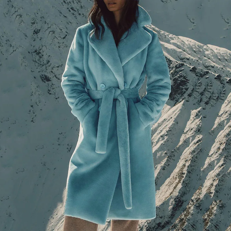 Winter Women High Quality Faux Rabbit Fur Coat Luxury Long  Coat Loose Lapel OverCoat Thick Warm Female Plush Coats HAO