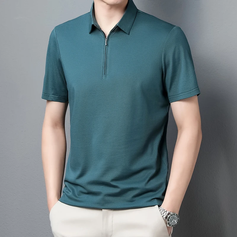 

High Quality Polo Shirts for Men Summer Short Sleeve Slim Fit T-shirt Lapel Zipper Tee Tops Casual Business Polos Men Clothing
