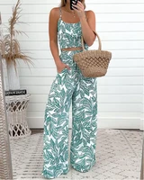women vintage print tops set 2022 summer fashion new sexy sleeveless cami top wide leg pants two peice sets elegant beach wear