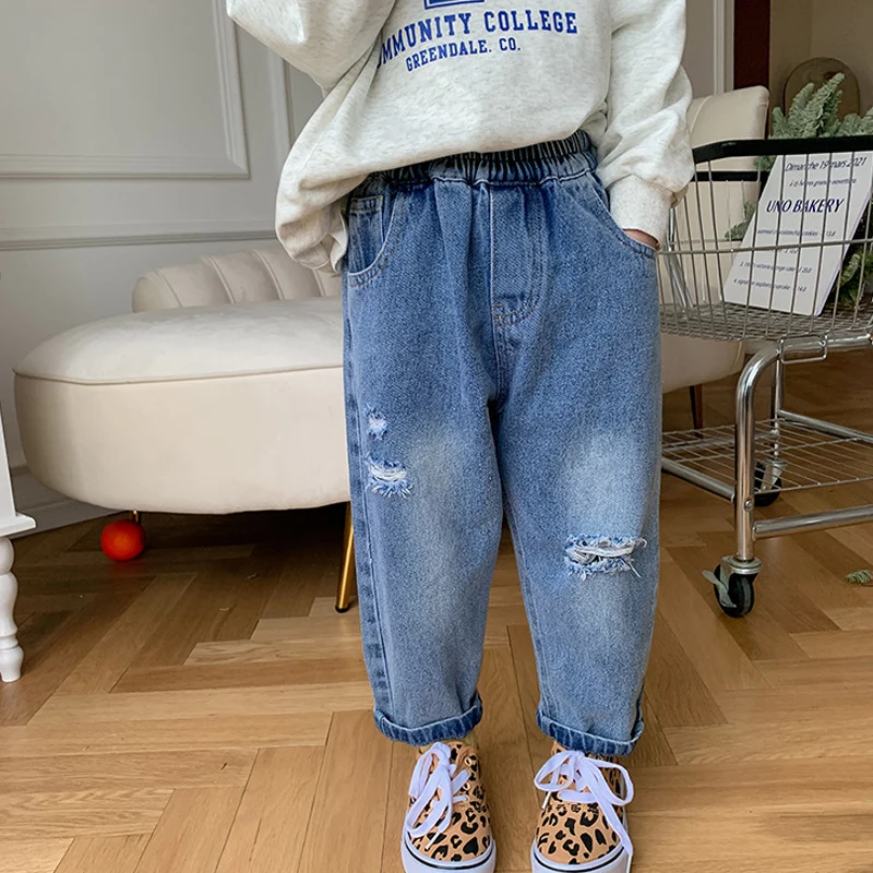 

Spring Boys Fashion Ripped Jeans Children All-match Cotton Denim Pants