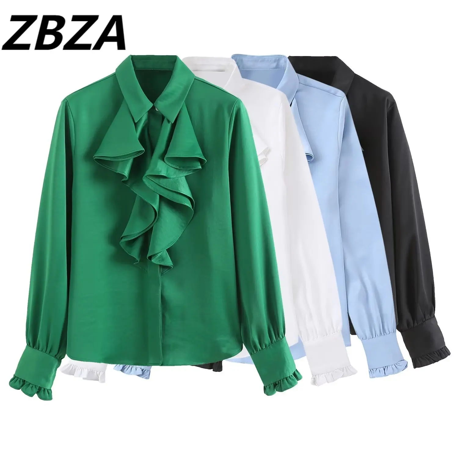 

Women 2023 spring New Fashion Laminated decorative satin texture Blouses Vintage Long Sleeve Button-up Female Shirts Chic Tops