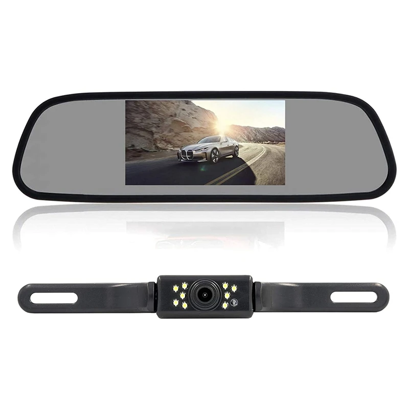 

Car License Plate Rear View Camera Backup Camera Reverse Camera with 4.3 Inch Car Vehicle Rearview Mirror Monitor Kit