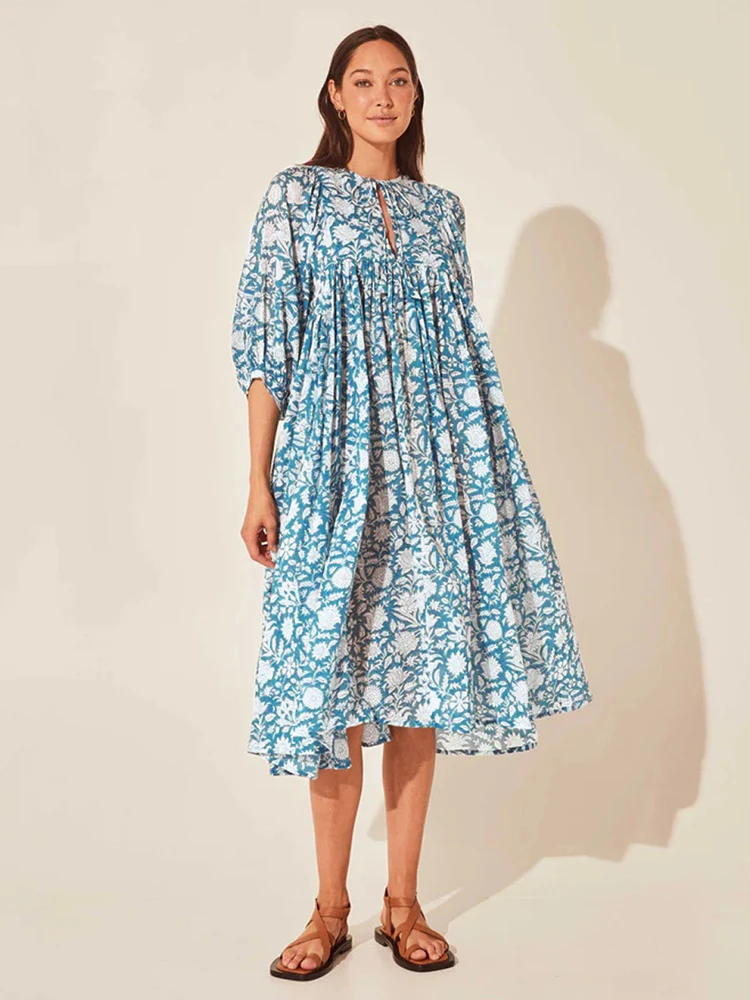 

Oversized Casual Loose Dresses Women Summer Elegant Floral Printed Long Dresses Fashion Lantern Sleeve Boho Beach Holiday Dress