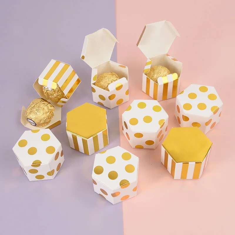 

10/20/30pcs Mini Gold Stripe Dots Candy Boxes Hexagon Paper Box Bag Wedding Birthday Party Favors Chocolate Gift Box Decorations