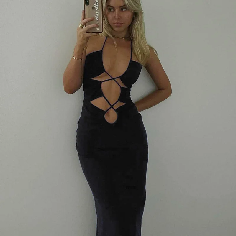 

Ажурное зеленое женское облегающее платье миди с лямкой на шее без рукавов 2022 Летние черные пляжные сексуальные платья Y2K для вечерние с отк...