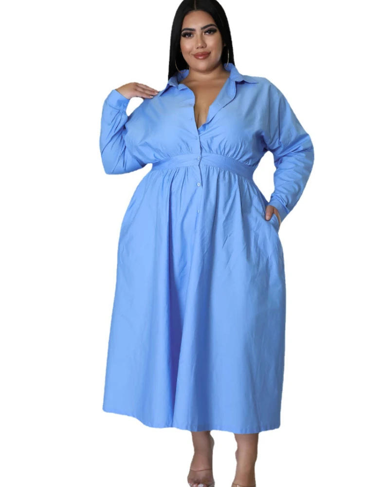 

Summer Elegant Africa Women Long Sleeve V-neck Polyester White Black Blue Plus Size Shirt Dress XL-5XL African Dresses for Women