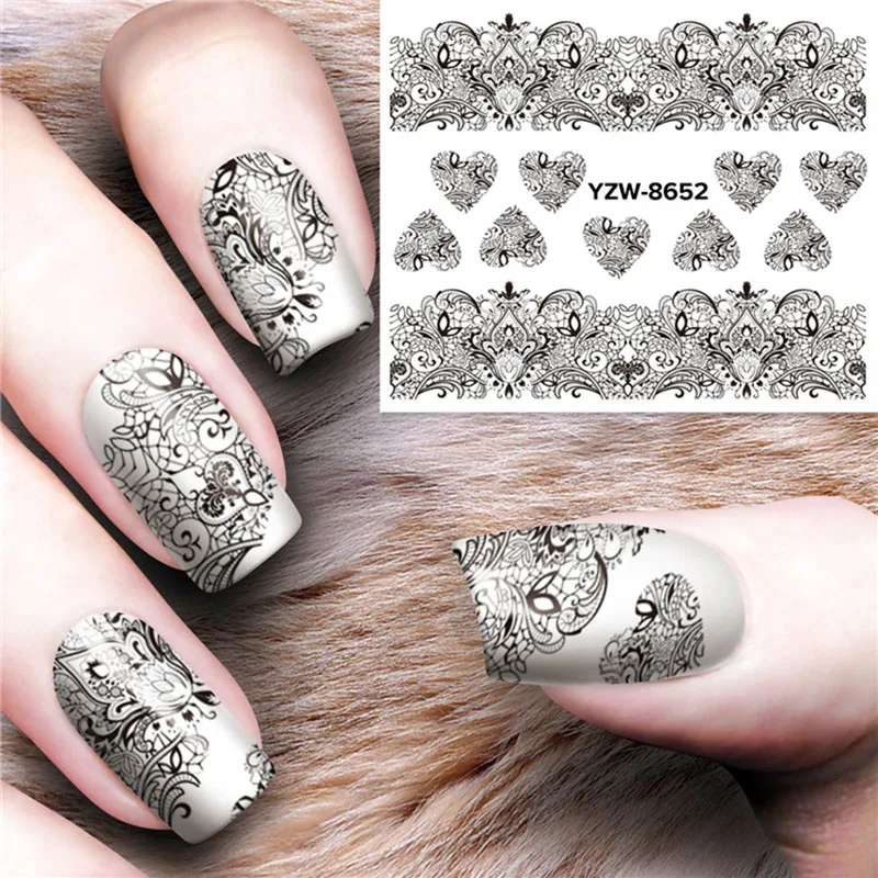 

3D Водные Переводные картинки для украшения ногтей, черные фотообои, цветы, сердце, дизайн, аксессуары для маникюра, фольга для ногтей FW017