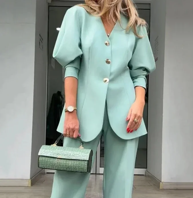 Женский модный свободный костюм с рукавами-фонариками комплект пальто и брюк