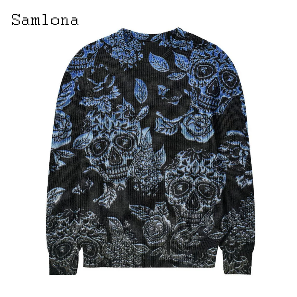 Samlona Men Casual Knitted Sweater Mens O-neck Jumpers 2023 Halloween Skull Printed Top Pullovers Male Gothic Fashion Sweater