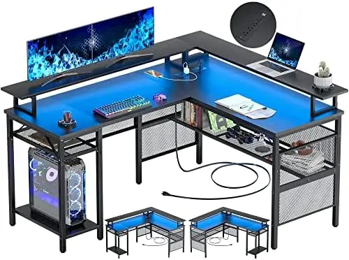 

Компьютерный стол, двусторонний угловой стол с розеткой и светодиодной лентой, игровой стол L-образной формы с подставкой для монитора и стойкой