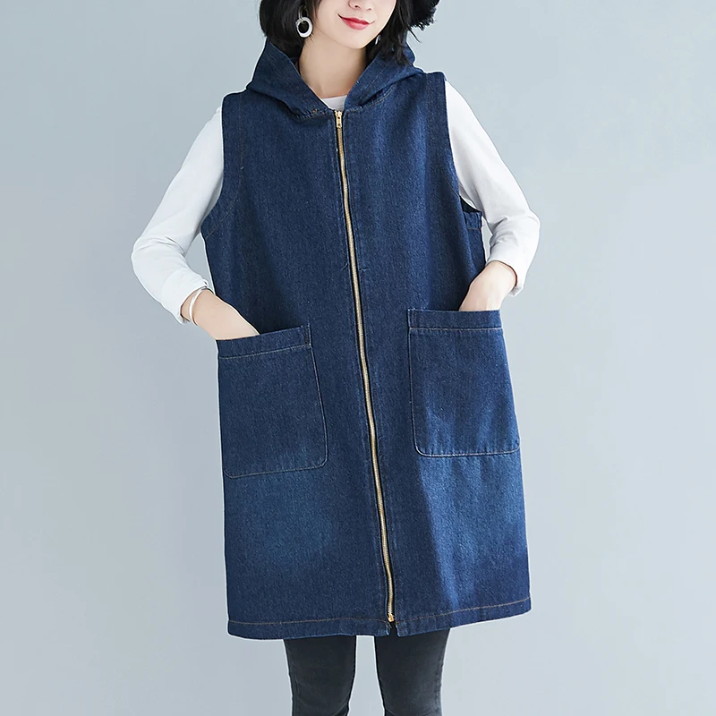 

SuperAen Long Oversize Denim Vest Coat Hooded Sleeveless Vest Coat for Women