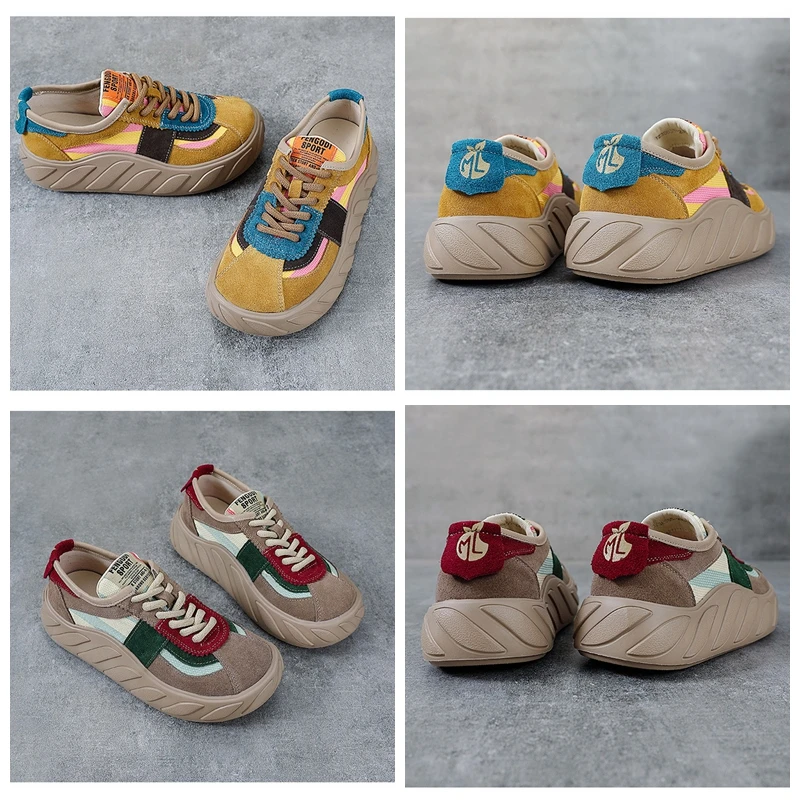 Autuspin Nubuck Leather Vulcanized Shoes Ladies Spring Autumn Retro Women Casual Chunky Sneakers Outdoor Cross Tied Sneaker 4cm