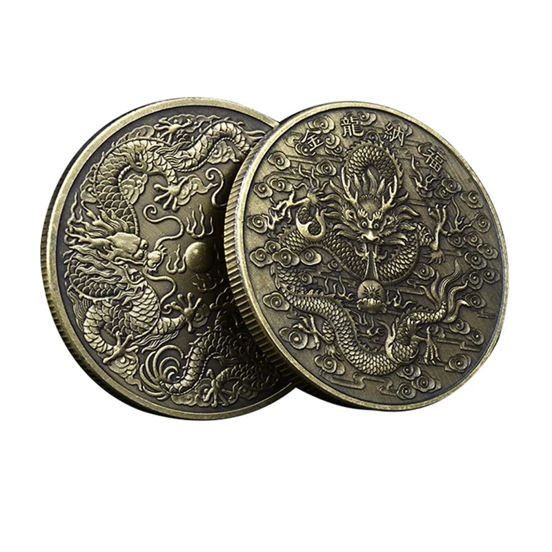 Китайские монеты на новый год 2022, двойной дракон на удачу, серебряный золотой значок на удачу, бронзовая памятная монета на удачу, коллекционный подарок