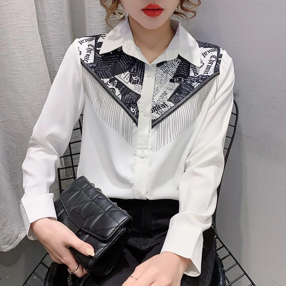 

Fashion Woman Blouses 2023 Casual Autumn Letter Print Wild Tassel Women Shirts Long Sleeve Tops Korean Style Loose Blusas Mujer