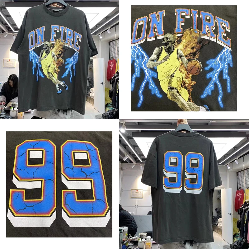 

High Quality Vintage Basketball Lightning Letter T Shirt Men Nice Washed Fashion Women T-shirt Streetwear