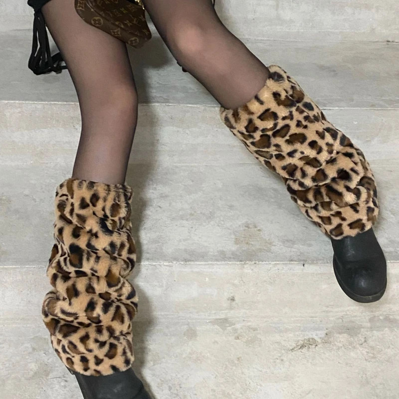 Furry Leg Warmers Y2K Goth Leopard Faux Fur Leg Warmers Boot Covers Lady Cute Jk Knee-length Hipster Warm Sock Fashion Socks