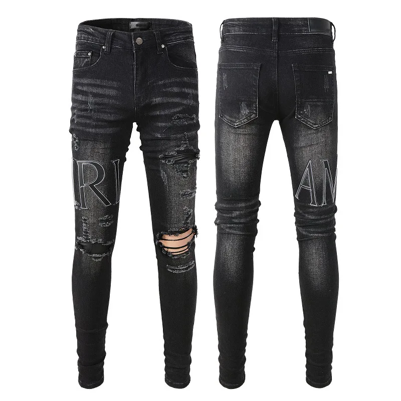 

Men Cracked Black Embroidery Biker Jeans Korean Streetwear Holes Ripped Distressed Stretch Denim Pants Slim Skinny Trousers