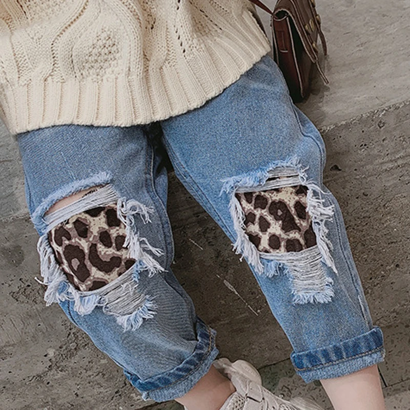 

Girls Pants 2021 New Spring Autumn Fashion Kids Leopard Jeans Baby Ripped Hole Clothing Cool Denim Trousers 3-7Years