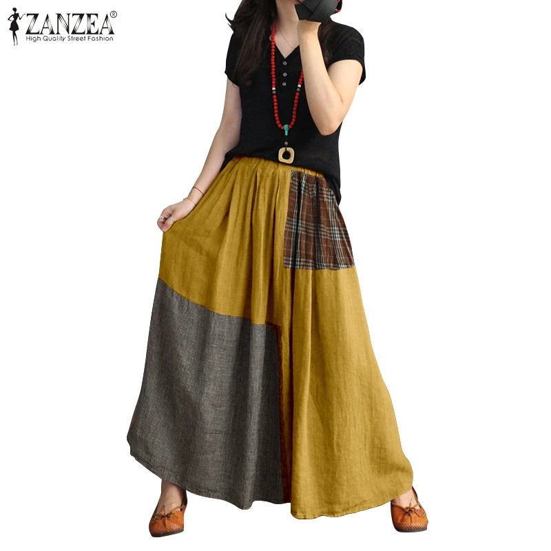 

ZANZEA Women Casual Elastic Waist Split Stitching Irregular Pockets Skirt