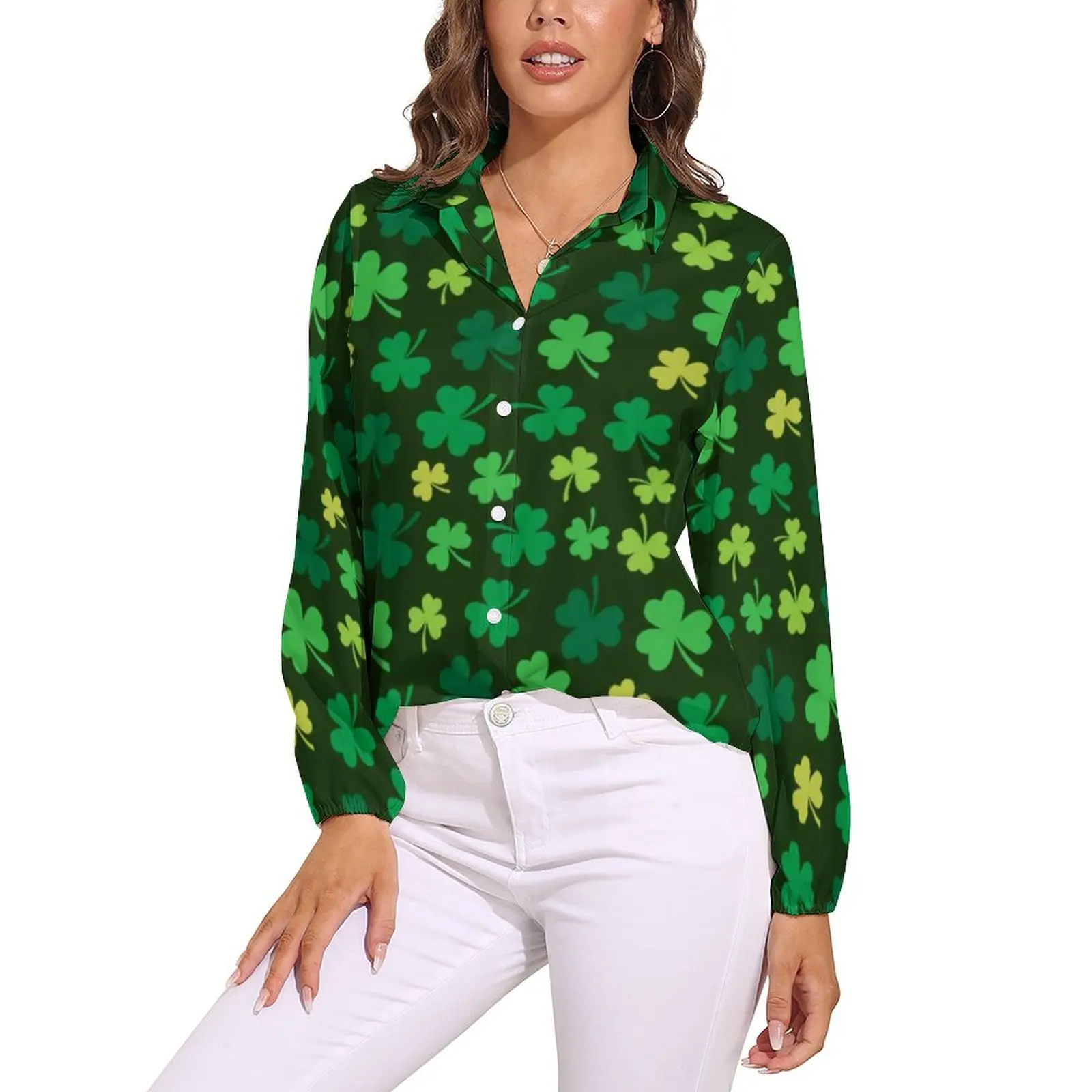 

St Patrick's Day Blouse Long Sleeve St Paddys Day Green Shamrock Clover Modern Blouses Woman Korean Fashion Oversize Shirts