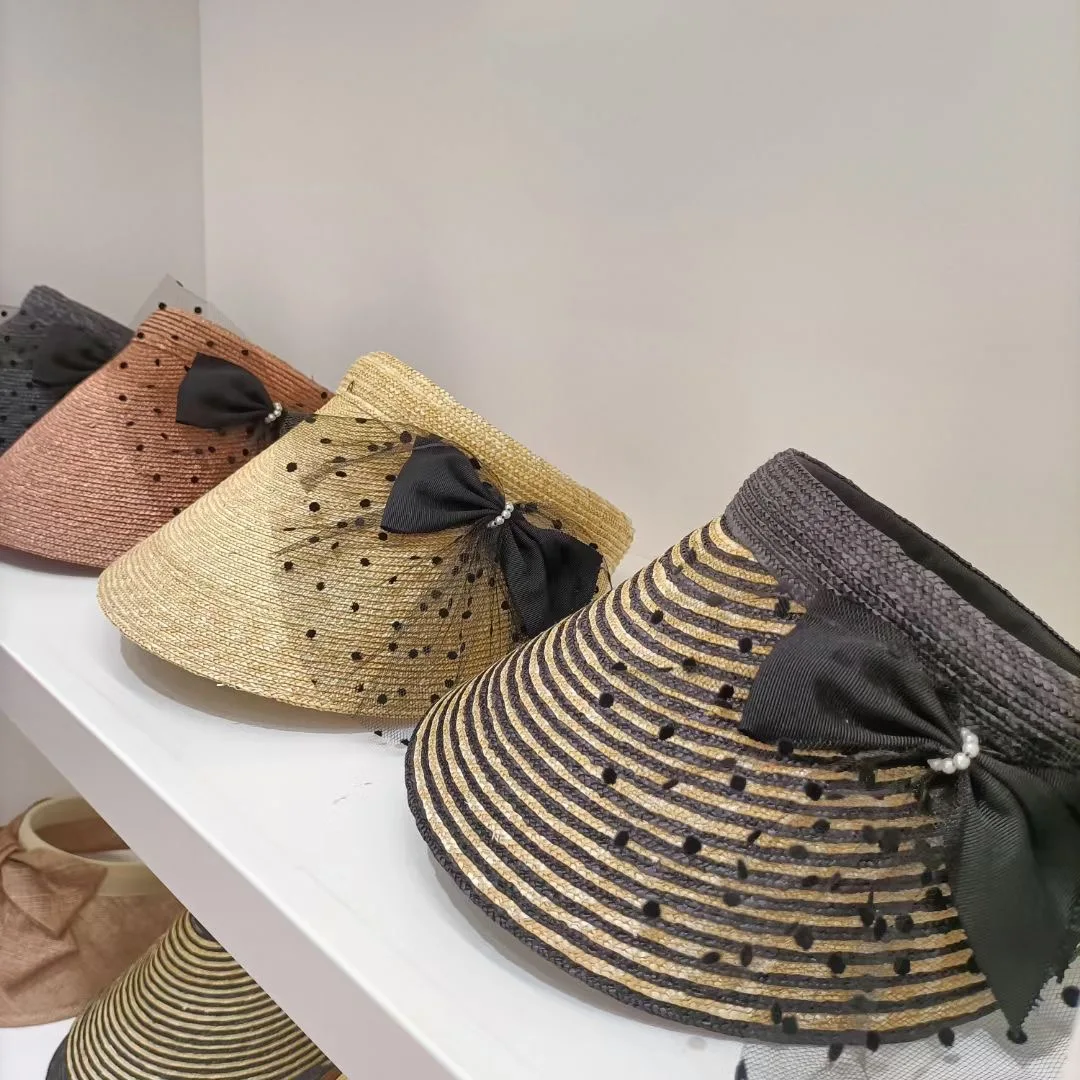 

202303-wei-8533 dropshipping japan summer dot mesh bowknot HANDMADE fine straw without lady VISORS cap women leisure street hat