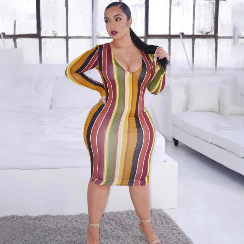 

Повседневные полосатые облегающие платья WUHE с V-образным вырезом и длинным рукавом, Женская Весенняя коллекция 2023 года, сексуальная женская одежда