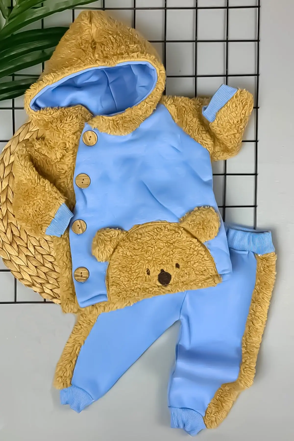 

Welsoft Hooded Hand Button Plush Quirky Style 2'li Baby Suit
