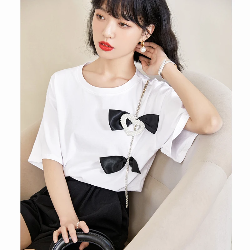 

Cotton Women's T-shirt Summer Bow White Top Short Sleeve 2022 New O-Neck Casual Tees Fashion Korean Style Female Clothes