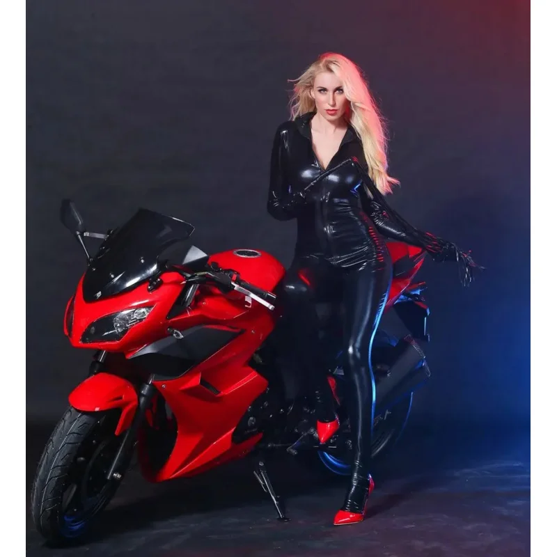 Женский сексуальный лакированный кожаный латексный комбинезон с молнией до