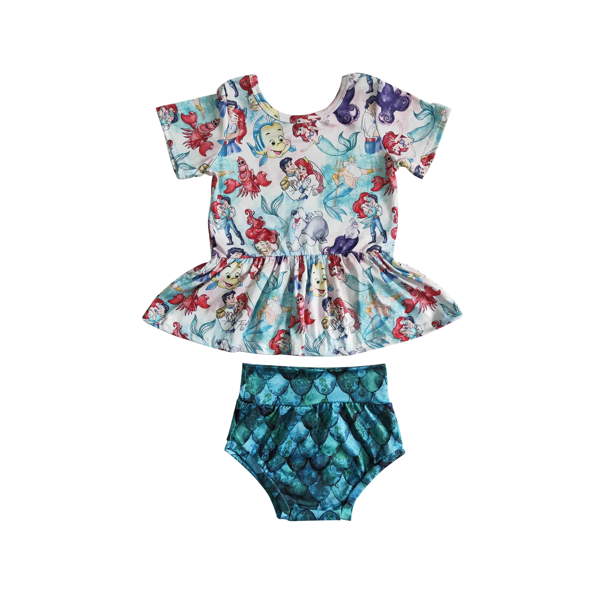 

RTS Mermaid Print Top Short Sleeve Green Bummies Boutique Outfits Letters Bell Bottom Sets Baby Girl Clothes