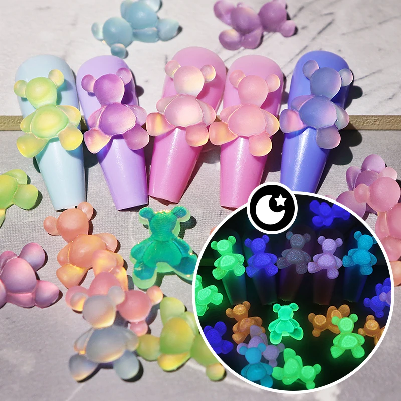 

10Pc Glow In The Dark Kawaii Candy Pink Bear Nail Charms Decoration Macaron Bears Acrylic Rhinestone Luxury Parts Nail Supplies