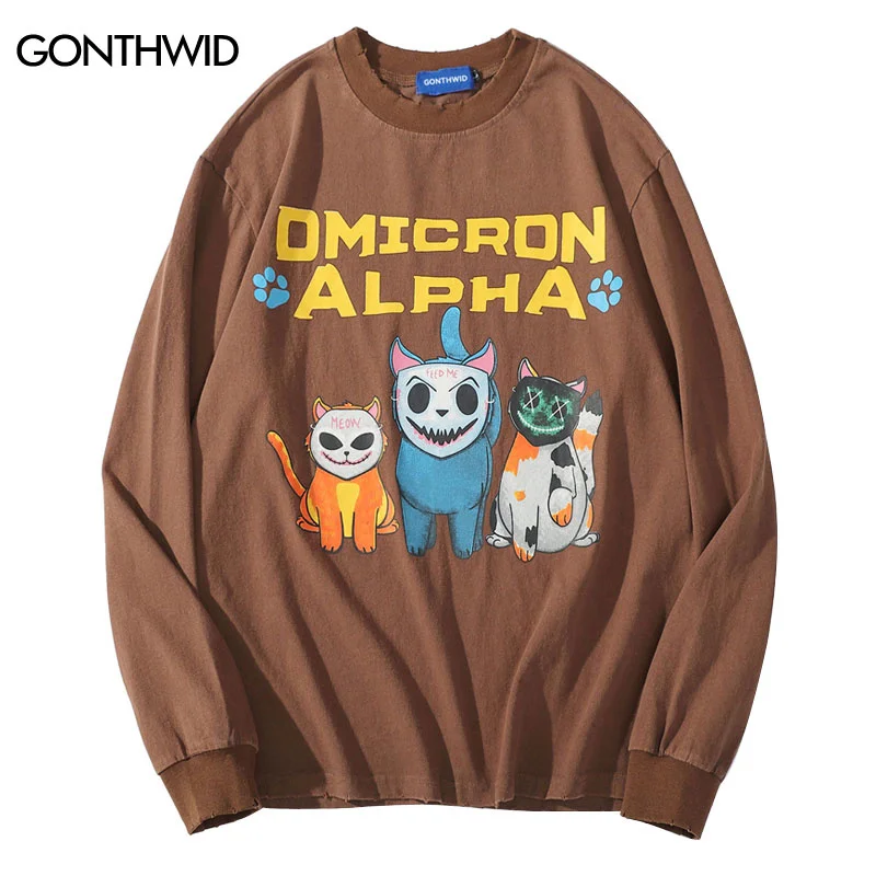 

Men Shirt Harajuku Hip T Hop Funny Cartoon Cat Print Cotton Long Sleeve Distressed Wash Tshirts Streetwear Fashion Shirts Tops