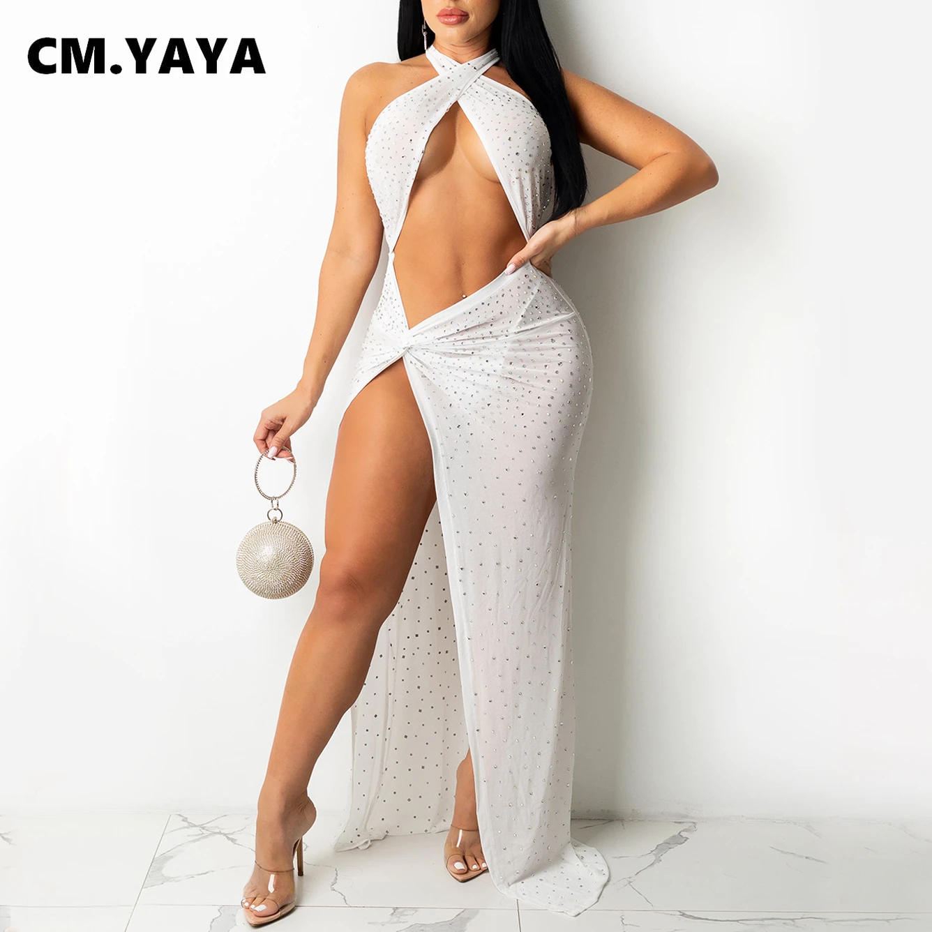 Женское Макси-платье с высоким разрезом CM.YAYA прозрачное Сетчатое платье