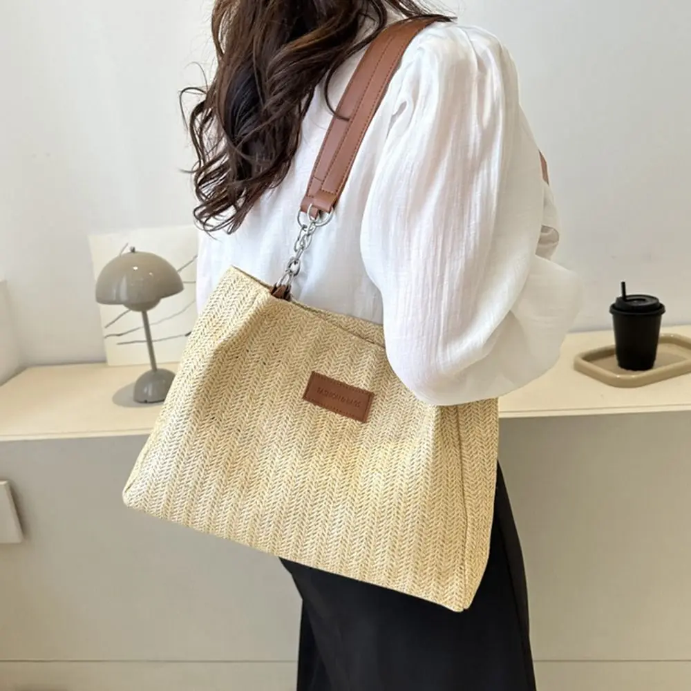 

Large Capacity Straw Woven Shoulder Bag Trendy Handbag Tote Bag Pu Leather Beach Bag Streetwear