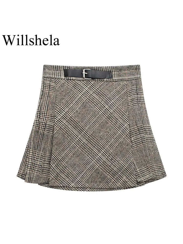 

Willshela Women Fashion Plaid Mini Skirt Vintage High Waist Side Zipper Female Chic Lady Short Skirts