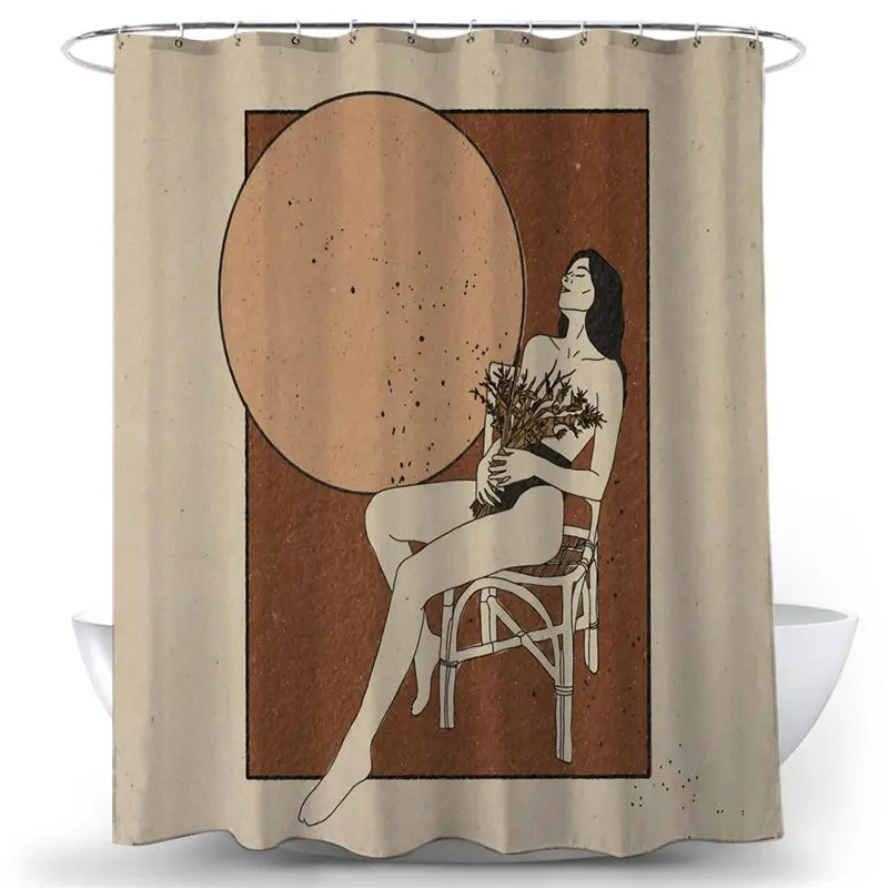 

Nordic Style Moon Flowers Women Printed Shower Curtain Waterproof Mildew Proof Brown Bathroom Curtains with Hooks Bathroom Decor
