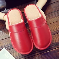 waterproof leather slippers womens indoor mules shoes unisex home fur slippers woman room shoes ladies red fur slides slippers
