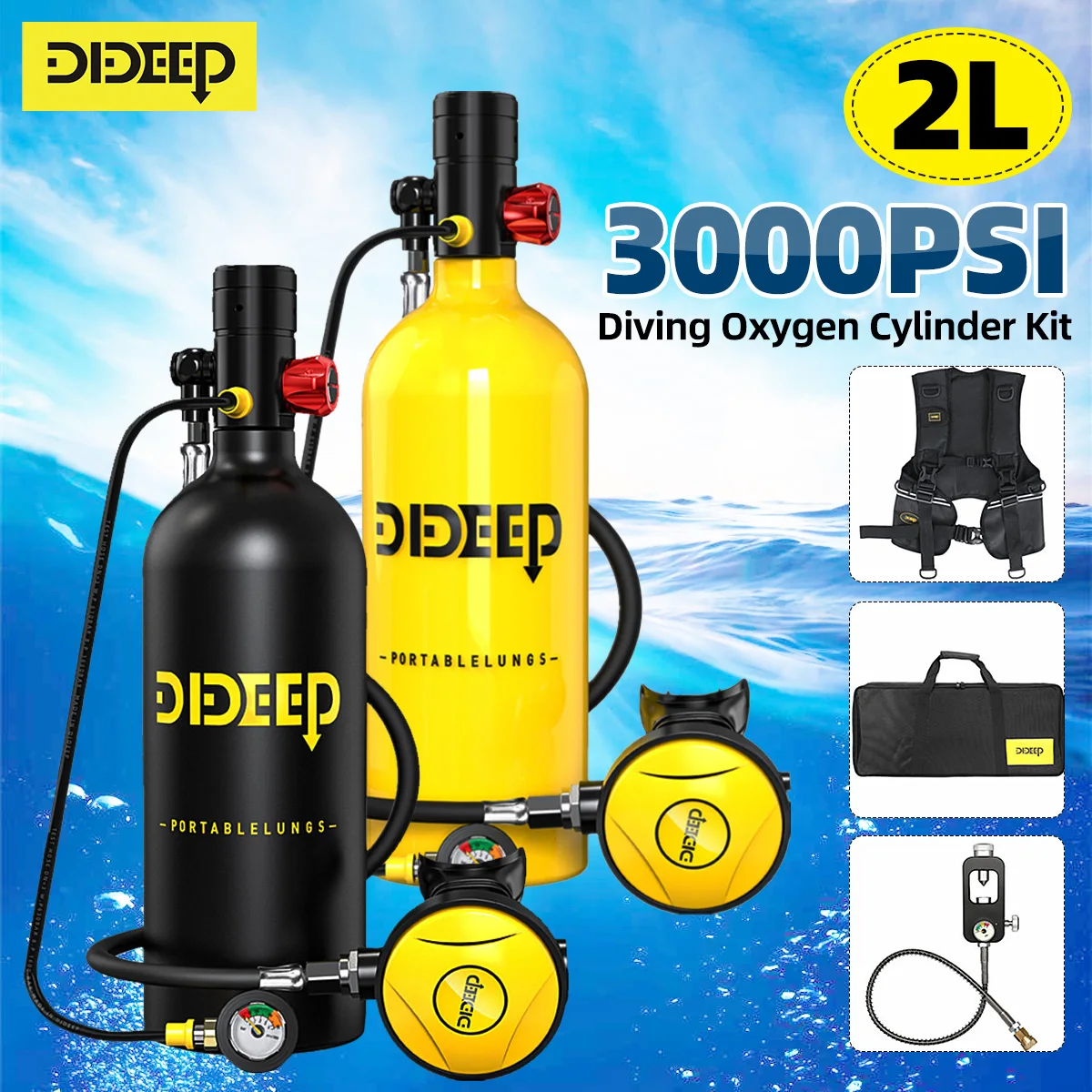 DIDEEP X5000 Pro+ 2L Scuba Tank Diving Snorkel Equipment Oxygen Dive Vest With Bag Adapter For UnderWater Fishing Equipment