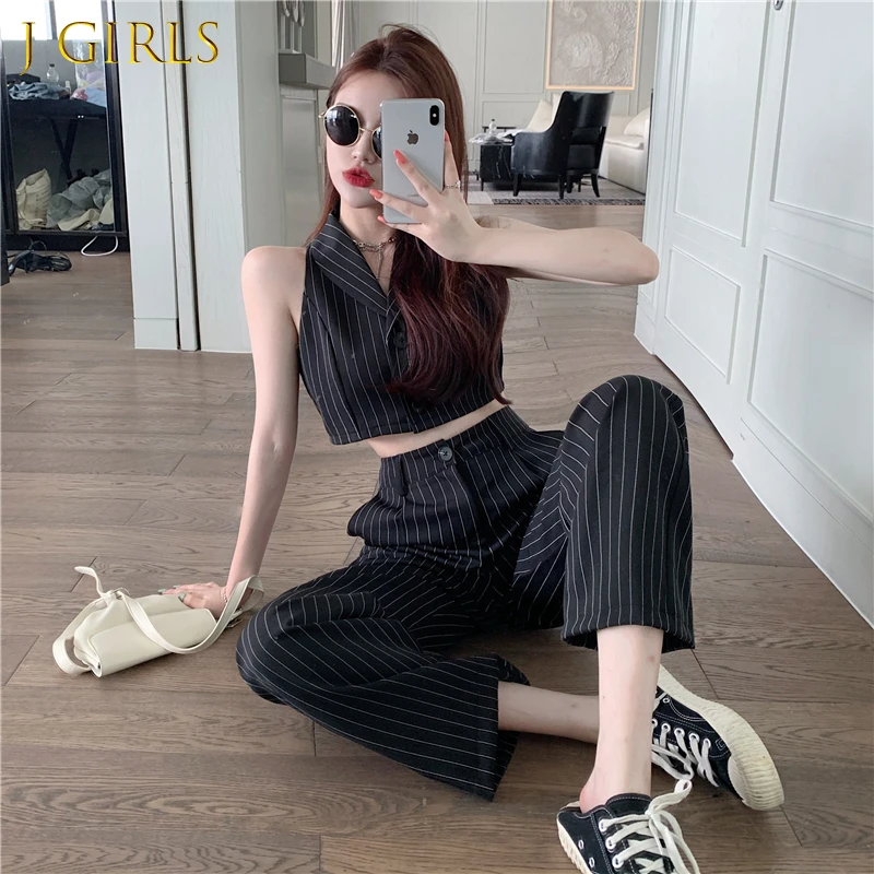 

J GIRLS Loose Striped Tailored Trousers Wide Leg Pant Suits Lapel Sleeveless Black Blazer Vest Thin Jacket Office Lady Sexy Sets