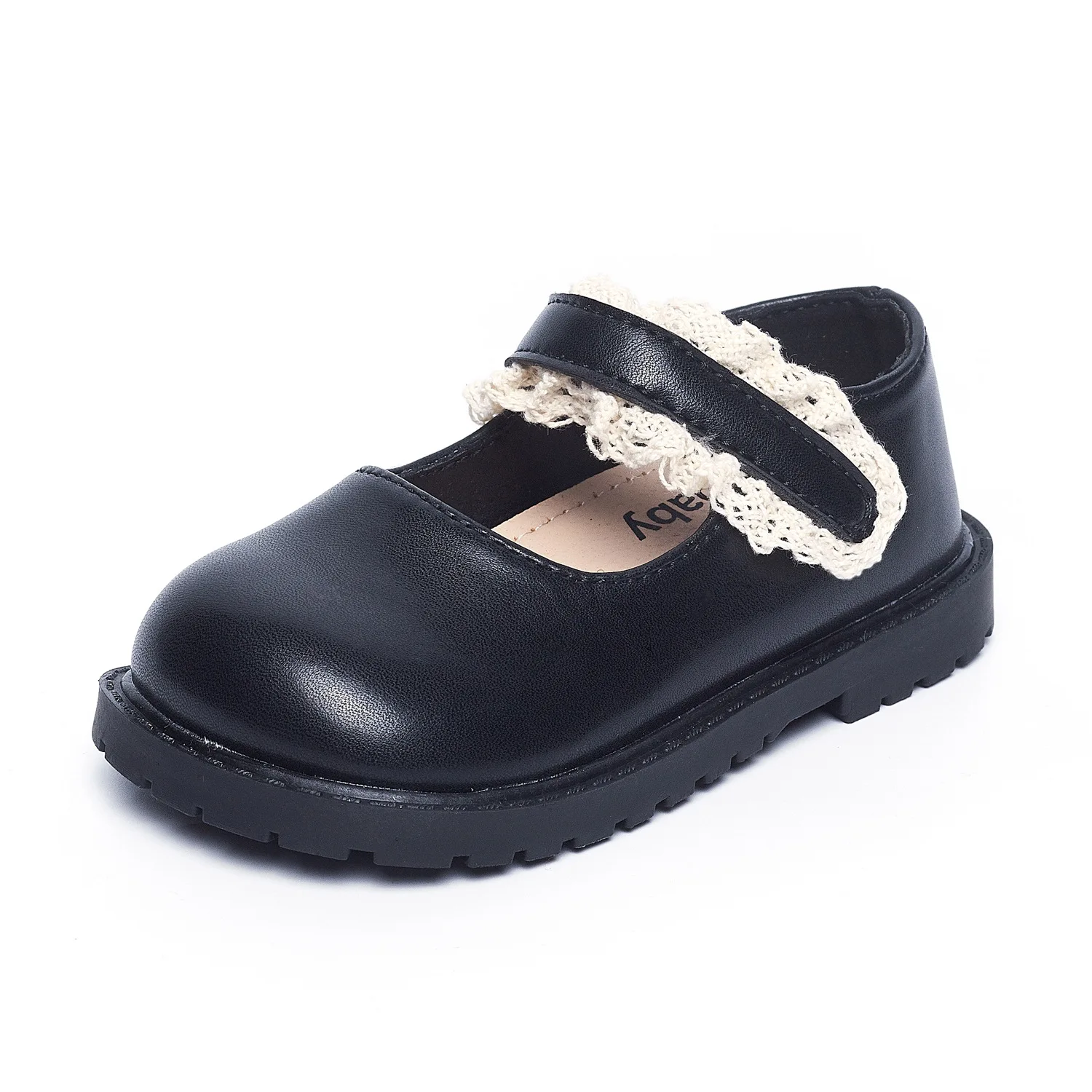 

2022 Spring New Girls Korean Lace Solid Black Hook & Loop Princess School Shoes for Performance Cute Round-toe Kids Fashion Shoe
