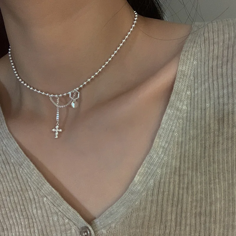 

PANJBJ 925 Sterling Silve Bead Cross Tassels Necklace For Women Girl Simple Choker Korean Jewelry Birthday Gift Dropshipping