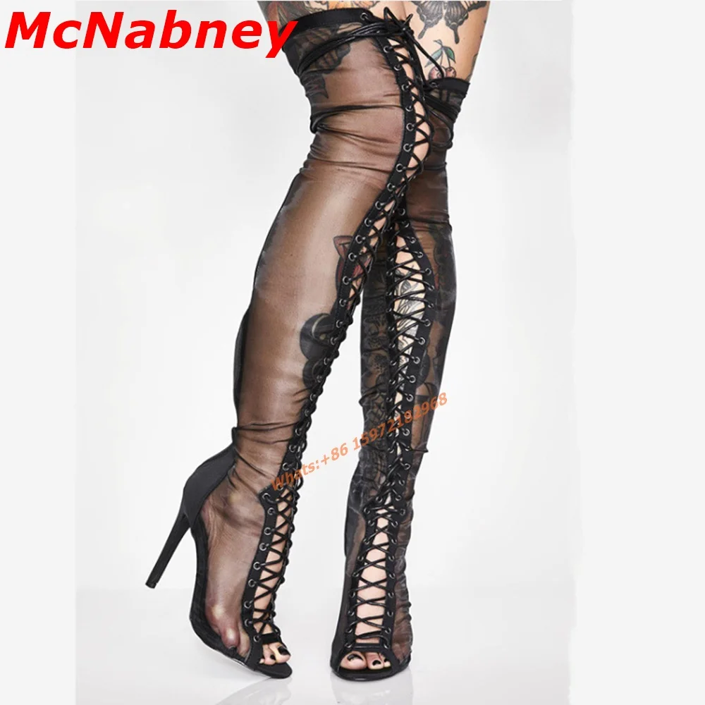 

Hollow Mesh Boots Sandals Over The Knee Solid Peep Toe Thin High Heel Summer Shoes Sexy Women Back Zipper Boots Fashion Black