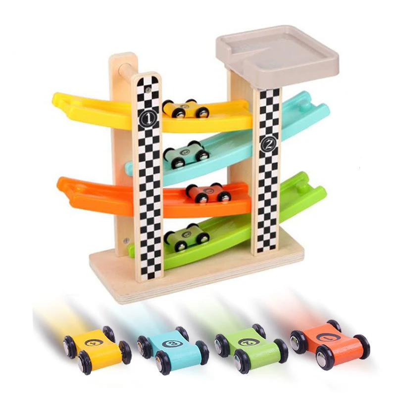

Деревянная мини-машина Монтессори с инерцией F1 автомобиль 4-слойная рампа гоночный трек горка гонки для мальчиков Обучающие игрушки и игры