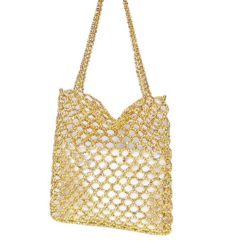 Vintage Acrylic Woven Shoulder Bags for Women 2023 Fashion and Luxury Hollow Out Beaded Braided Bag