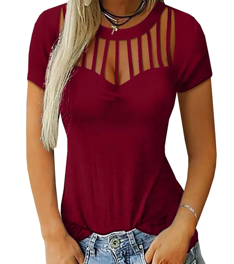

Summer Short Sleeve Tee Top Graphic Tees Women T-shirt Sexy Hollow Out Woman Tshirt