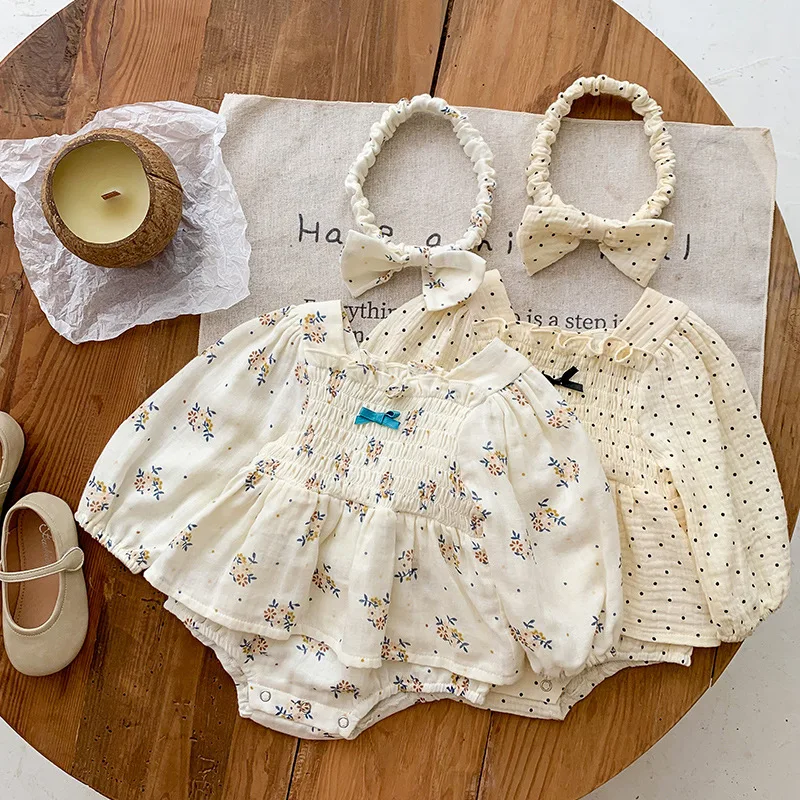 

2023 Baby Girls Rompers Clothes Summer Infant Newborn Girls Bodysuits long sleeve floral Jumpsuits Headband Outfits