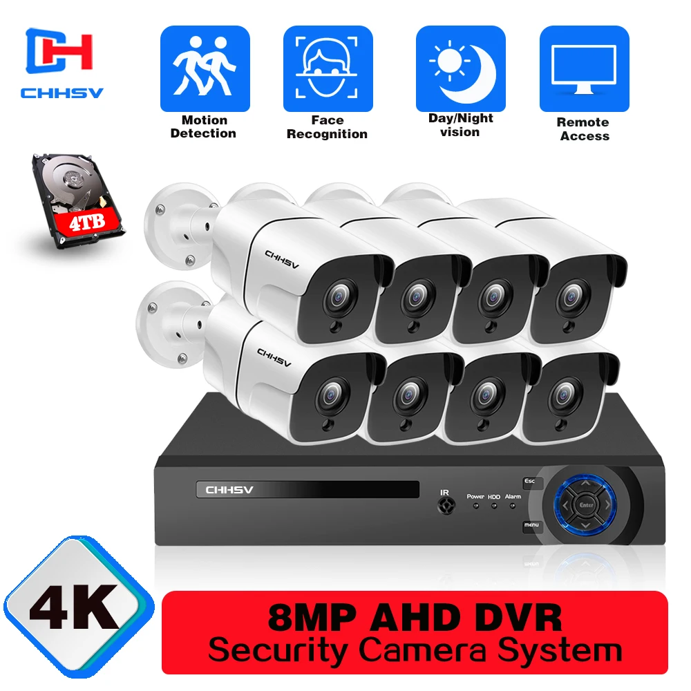 

4K 8CH AHD Analog Video Surveillance System CCTV Kit With 8MP Security Cameras Night Vision IP66 Waterproof Outdoor DVR 2TB HDD